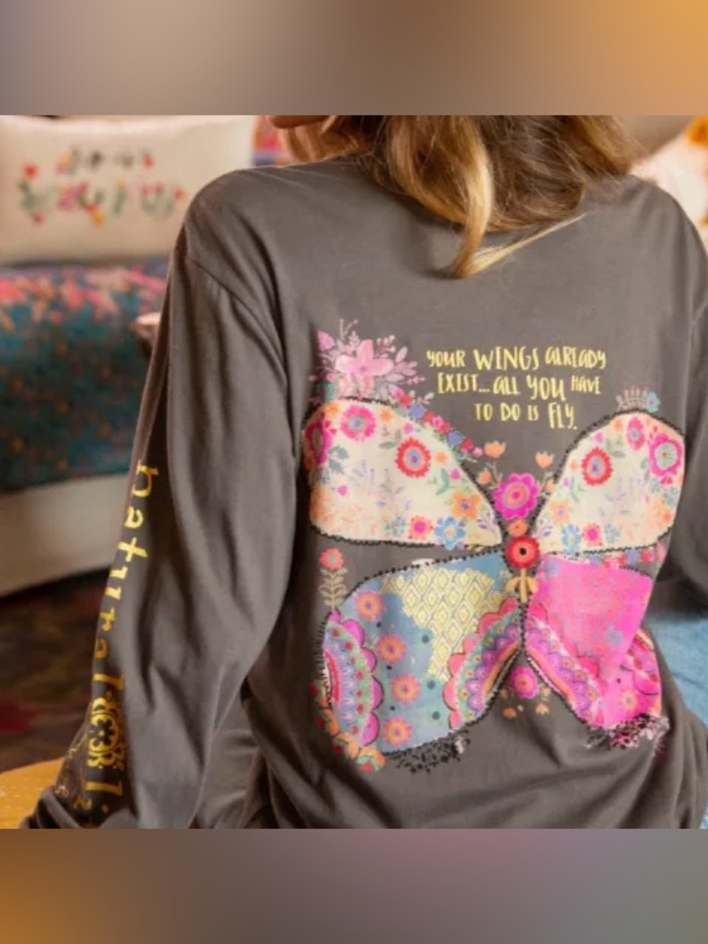 Natural Life Brown Wings Exist Butterfly Long Sleeve Slouchy Comfy Cotton Tee M